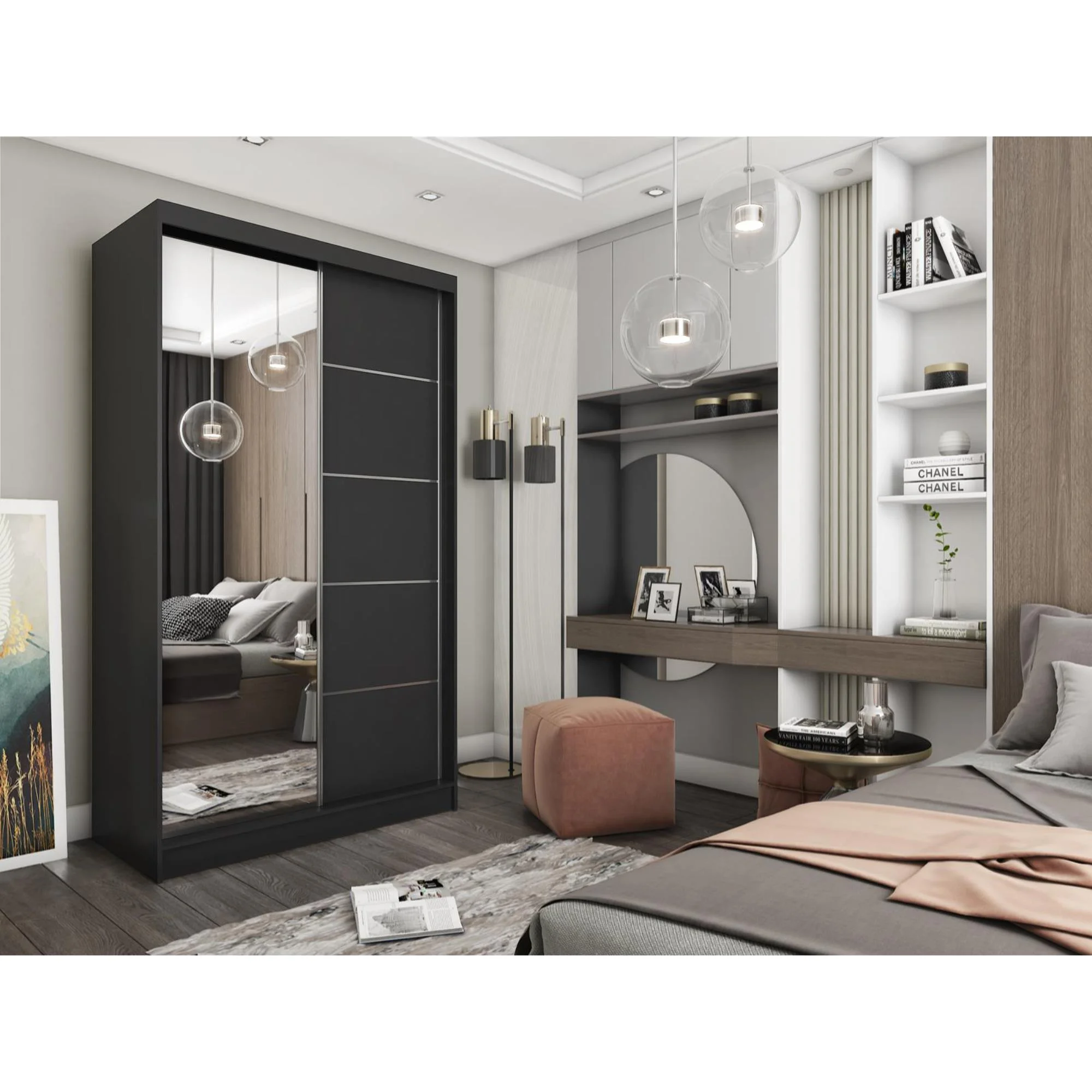 Schiebetürenschrank mit Spiegel und Schubladen MARIKA II Schwarz, 120 Cm