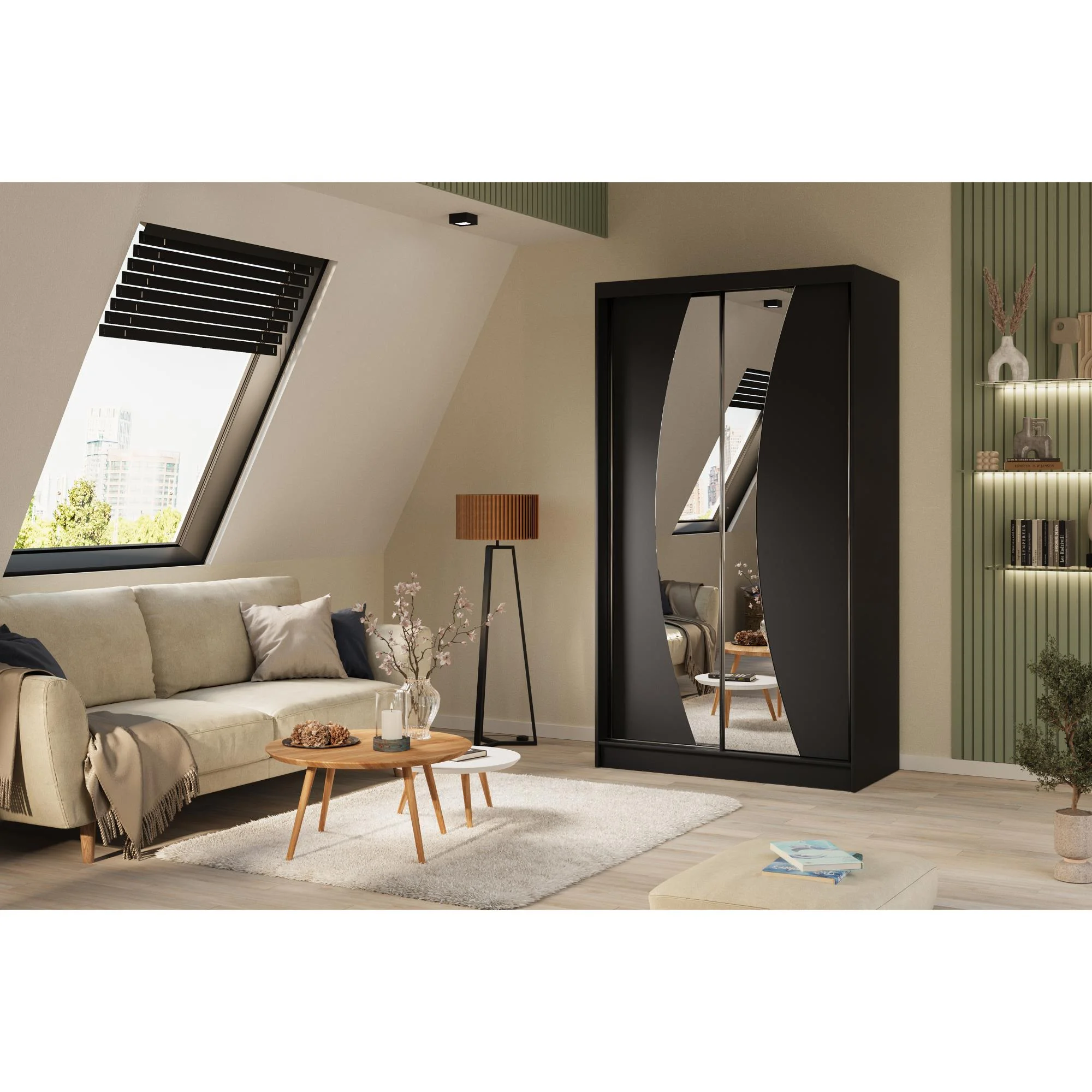 Schiebetürenschrank mit Spiegel und Schubladen VOX II Schwarz Matt, 120 Cm