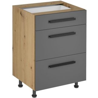 Küchenunterschrank mit drei Schubladen LAUREN 60 cm grau mit Griffen