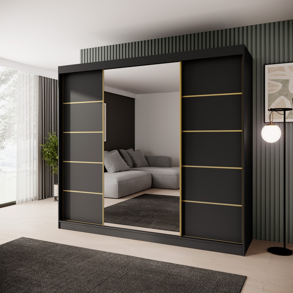 Schiebetürenschrank mit Spiegel und Schubladen MARIKA LUX Schwarz, 240 Cm