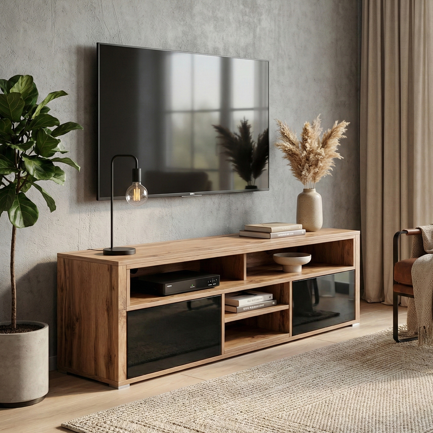 TV-Schrank mit 2 Türen und offenem Regal BELLA Schwarzeiche Wotan