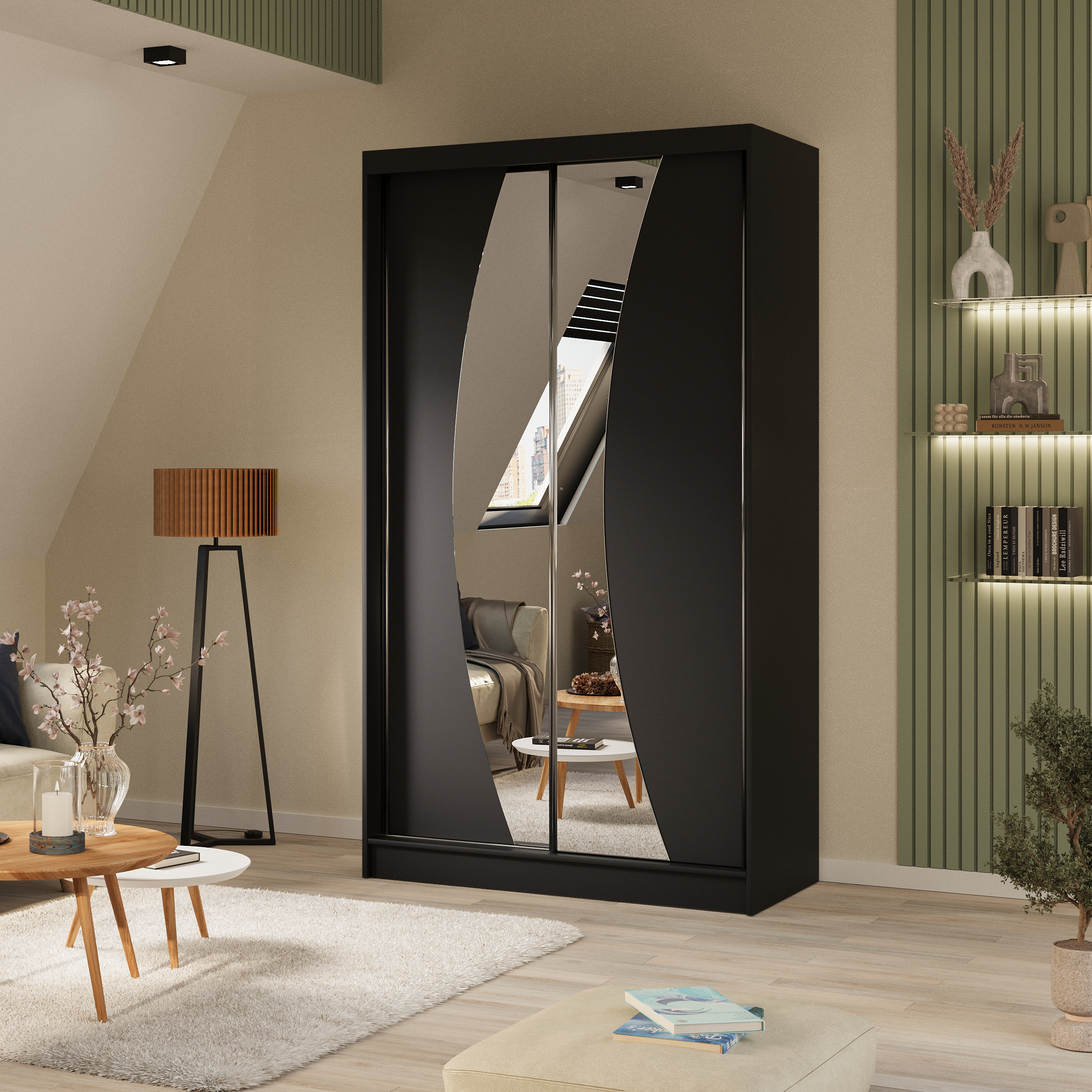 Schiebetürenschrank mit Spiegel und Schubladen VOX II Schwarz Matt, 120 Cm